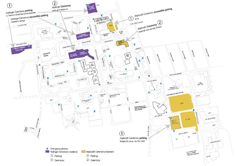 O Lot, P lot, Q Lot, Graduate Parking by South Campus Gardens, Farrell Stadium, Site for Commencement