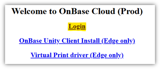 Screenshot of Welcome to OnBase Cloud (Prod) Login