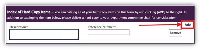 Screenshot of Index of Hard Copy Items Add button