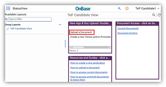 Screenshot of OnBase Upload a Document link