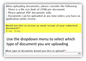 Screenshot of Upload a Document - Would you like to receive an email receipt of your submitted document question