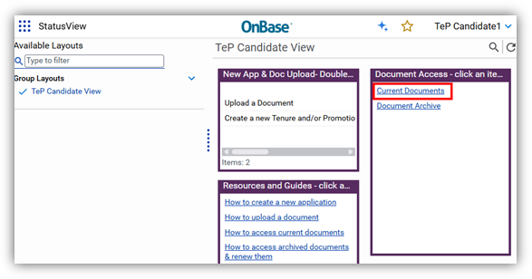 Screenshot of OnBase Current Documents link