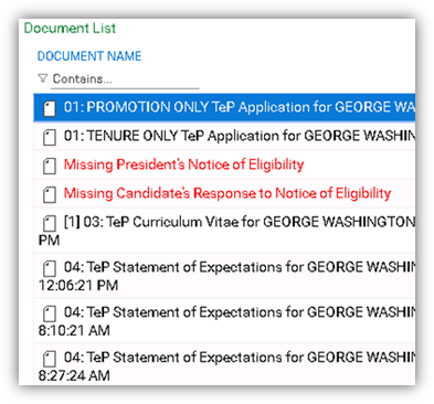 Screenshot of Document List