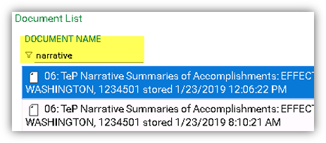Screenshot of Document List with search term 'narrative'