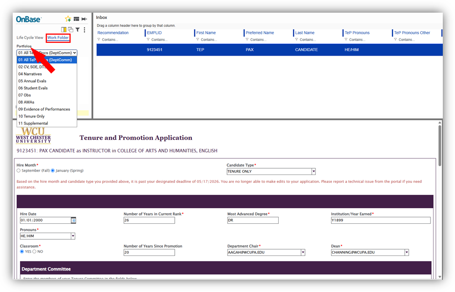 Screenshot of OnBase Work Folder view with Portfolio dropdown selected