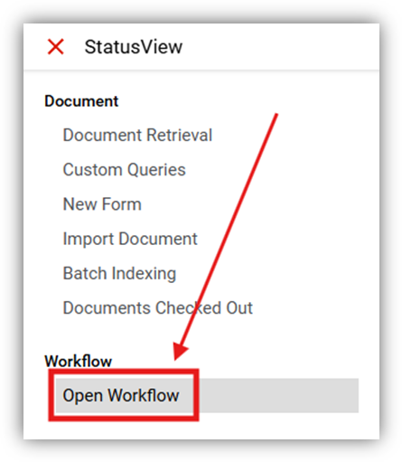Screenshot of StatusView with Open Workflow highlighted