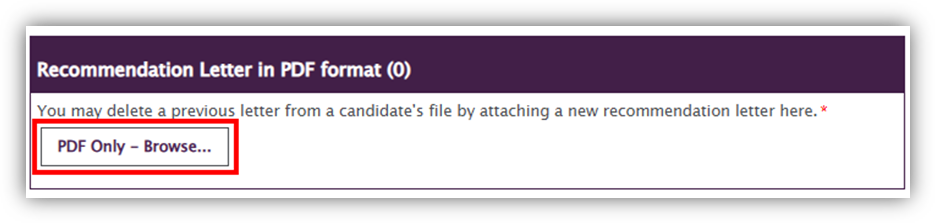 Screenshot of Recommendation Letter in PDF Format with PDF Only - Browse button highlighted