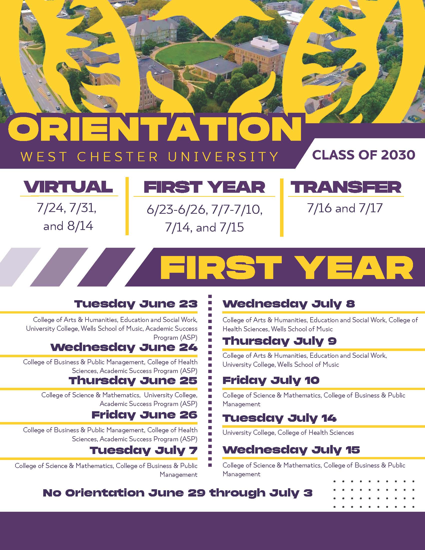 New Student Orientation Schedule for Class of 2030
