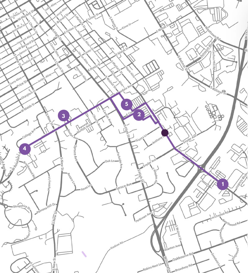 map of the North Campus stops on the Purple Route