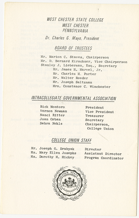 Single-page document listing institutional leadership and student organization officers for West Chester State College. The page is centered and formal in layout. At the bottom of the page there is a circular seal of West Chester State College featuring a central emblem and the words “WEST CHESTER STATE COLLEGE” around the outer ring, with the year “1871” displayed within the seal. The lists are as follows WEST CHESTER STATE COLLEGE, WEST CHESTER, PENNSYLVANIA. Dr. Charles G. Mayo, President, BOARD OF TRUSTEES, Mr. Marion C. Staves, Chairperson; Mr. D. Bernard Kirschner, Vice Chairperson; Stanley J. Lieberman, Esq., Secretary; Mr. James H. Marvel, Jr.; Mr. Charles M. Porter; Mr. Walter Reeder; Mr. Joseph Saltzman; Mrs. Constance C. Winchester. INTRACOLLEGIATE GOVERNMENTAL ASSOCIATION. Rick Montoro, President; Vernon Newman, Vice President; Nanci Ritter, Treasurer; Joan Orban, Secretary; Debra Nehls, Chairperson, College Union. COLLEGE UNION STAFF. Mr. Joseph G. Drabyk, Director; Ms. Mary Ellen Josephs, Assistant Director; Ms. Dorothy M. Hickey, Program Coordinator.