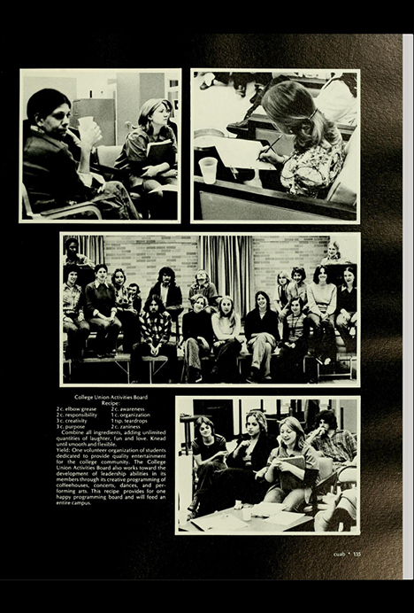 Black-and-white yearbook page featuring multiple photographs of students participating in College Union Activities Board (CUAB) planning and programming. Images show students seated in meetings, reading or writing notes, gathered together in a large group photo, and collaborating informally around tables.