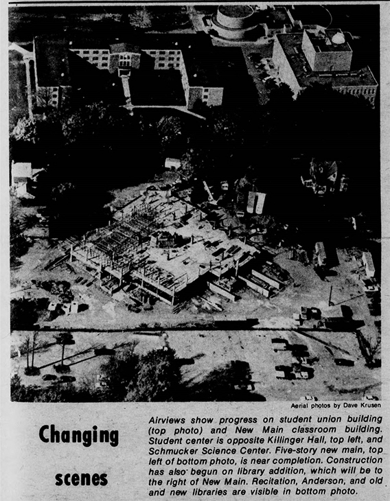 Newspaper clipping where at the top of the page is an aerial photo of Sykes Student Union being built. The caption is headed, Changing scenes and reads Airviews show progress on student union building (top photo) and New Main classroom building. Student center is opposite Killinger Hall, top left, and Schmucker Science Center. Five-story new main, top left of bottom photo, is new completion. Construction has also begun on library addition, which will be to the right of New Main. Recitation, Anderson, and old and new libraries are visible in bottom photo.
