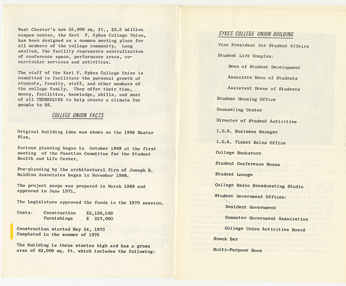 Document describing the Earl F. Sykes College Union at West Chester as a $2.5 million campus center intended to serve as a central meeting place for the college community, supporting conferences, performances, and co-curricular activities, and emphasizing the union staff’s role in fostering student and community growth. It includes a “College Union Facts” section outlining the planning timeline from the 1964 master plan through funding approval, construction dates, costs, and completion in the mid-1970s, as well as the building’s size and structure. A second section lists the offices and services housed in the Sykes College Union, including Student Affairs leadership, student life and housing offices, counseling, student activities and government offices, the bookstore, conference rooms, lounge, radio studio, snack bar, and a multi-purpose room.