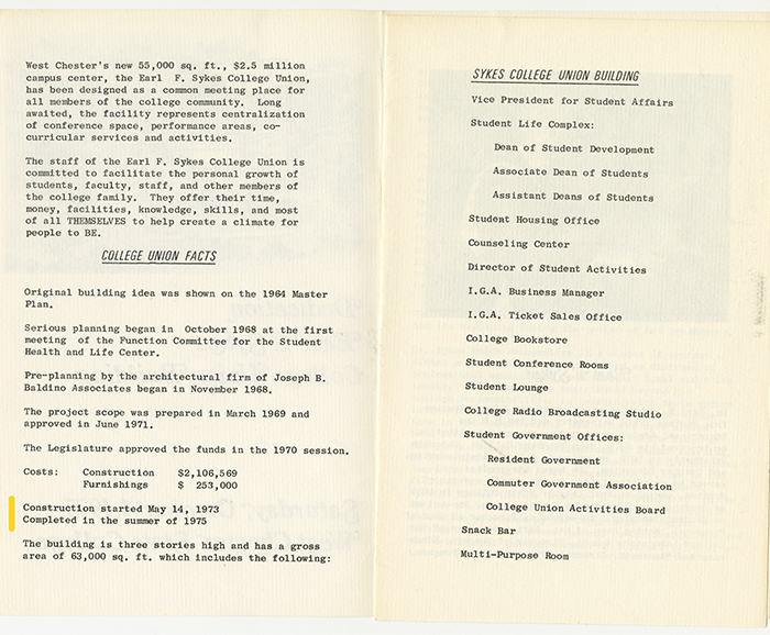 Two-page informational spread describing the Earl F. Sykes College Union at West Chester. The left page explains that the new campus center is a 55,000-square-foot, $2.5 million facility designed as a central gathering place for the college community, supporting conferences, performances, and co-curricular activities. It includes a “College Union Facts” section outlining planning history from 1964 through the mid-1970s, funding approval, construction costs, and completion dates, as well as the building’s size and number of stories. The right page lists offices and services housed in the Sykes College Union, including Student Affairs leadership, student life and housing offices, counseling, student activities and government offices, the bookstore, conference rooms, lounge, radio studio, snack bar, and a multi-purpose room.