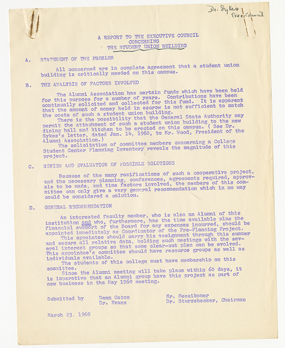 A scanned, typed report dated March 23, 1960, titled “A Report to the Executive Council Concerning the Student Union Building.” The document is organized into labeled sections (A–D) discussing the need for a student union, analysis of factors including alumni funds, review of possible solutions, and general recommendations. The text is typed in blue ink on aged, yellowed paper with visible wear and staple holes at the top. The report is signed at the bottom by Dean Caton, Dr. Evans, Mr. Messikomer, and Dr. Sturzebecker, Chairman.