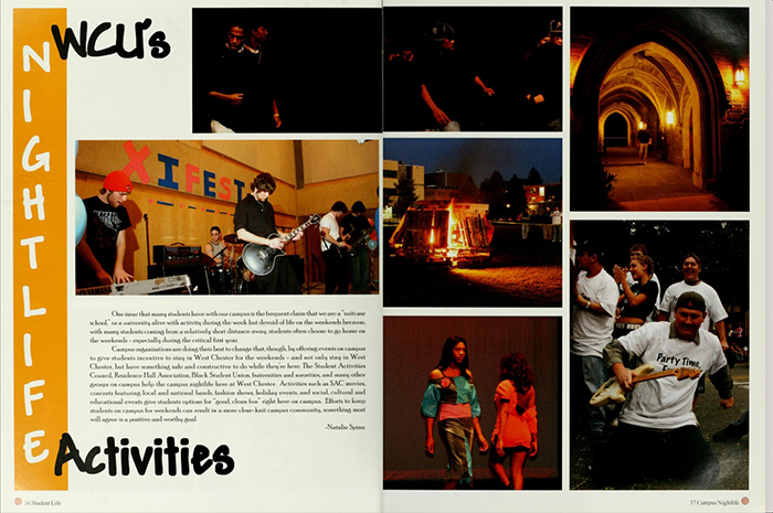 Two-page spread titled “WCU’s Nightlife Activities.” The layout features multiple photographs showing evening and nighttime campus events, including a live band performing indoors, students gathered around a bonfire outdoors, people walking through an arched, well-lit campus walkway at night, and groups of students socializing, dancing, and participating in activities. A block of text appears on the left page beneath the headline, describing campus nightlife programming. The images emphasize music, social events, and student gatherings occurring after dark.