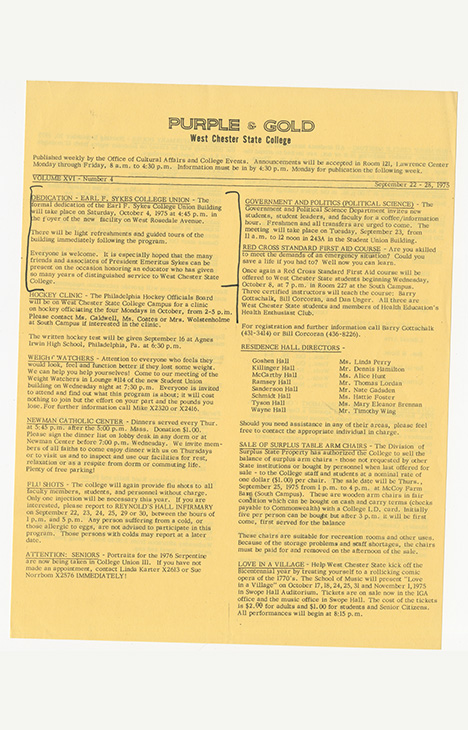 Document printed on yellow paper headed Purple & Gold, West Chester State College. Published weekly by the Office of Cultural Affairs and College Events. Announcments will be accepted in room 121, Lawrence center Monday throug Friday, 8 a.m to 4:30 p.m. Information must be in by 4:30 p.m. Monday for publication the following week.