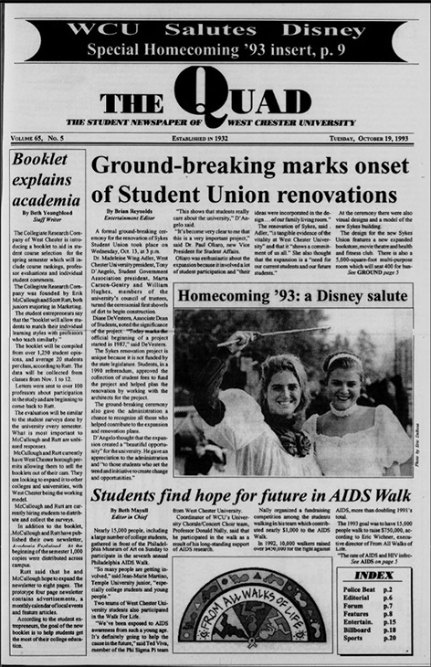 Front page of The Quad, Volume 65, Number 5, published on Tuesday, October 19, 1993. A banner at the top reads “WCU Salutes Disney,” with a note indicating a special Homecoming ’93 insert. The main headline states “Ground-breaking marks onset of Student Union renovations,” accompanied by an article explaining the renovation plans. Additional headlines include “Homecoming ’93: a Disney salute,” “Booklet explains academia,” and “Students find hope for future in AIDS Walk.” A photograph beneath the Homecoming headline shows two students smiling toward the camera, and an index listing page numbers appears along the right side of the page.