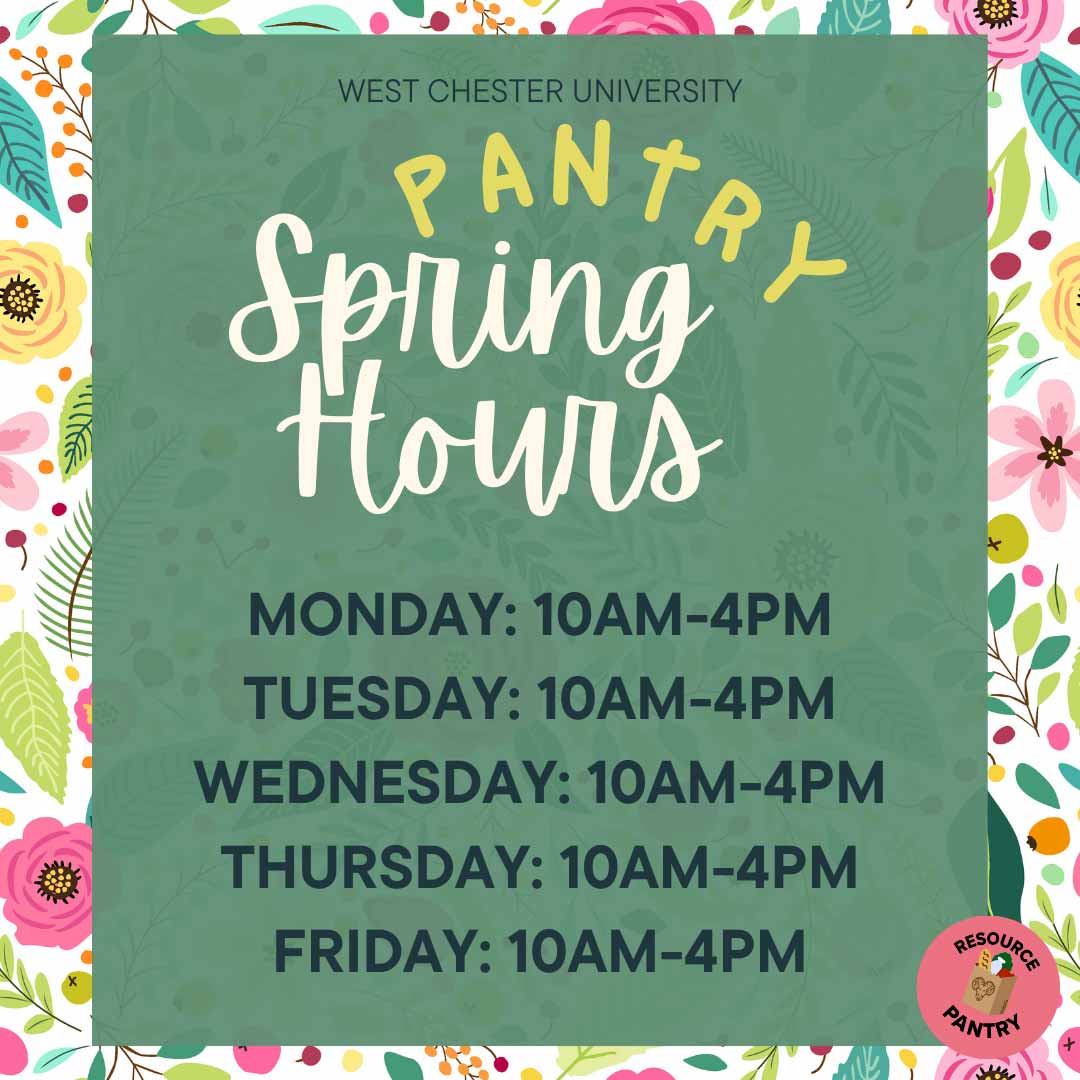 Resource Pantry Spring Hours:      MONDAY: 10AM-4PM      TUESDAY: 10AM-4PM      WEDNESDAY: 10AM-4PM      THURSDAY: 10AM-4PM      FRIDAY: 10AM-4PM