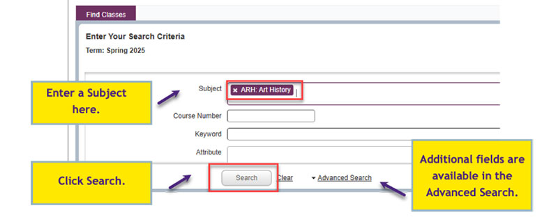 Screenshot of Enter your Search Criteria form. Yellow boxes highlighting: Enter a Subject here, Additional fields are available in the Advanced Search, and Click Search.