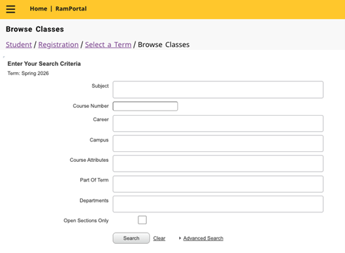 Screenshot of Browse classes search page in ramportal