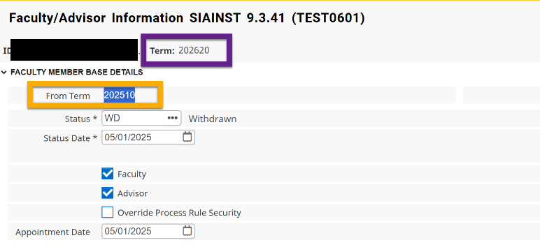 Figure 4 highlighting the term and Faculty, Advisor checked boxes