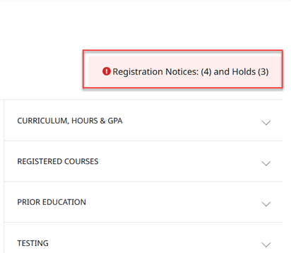 Screenshot showing Registration Notices: (4) and Holds (3)