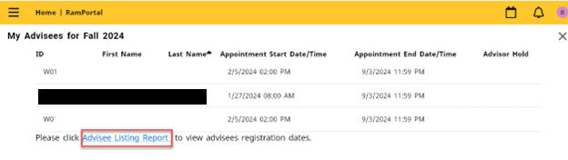 Screenshot showing advisee student listing for Fall 2024. Advisee Listing Report link is highlighted.