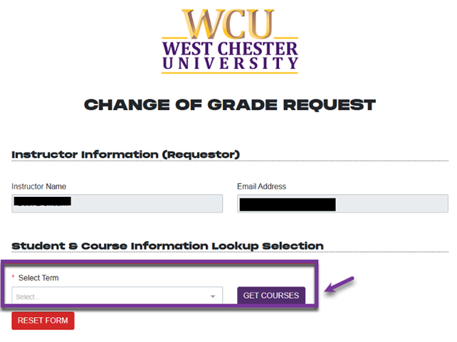 Change of grade request screenshot