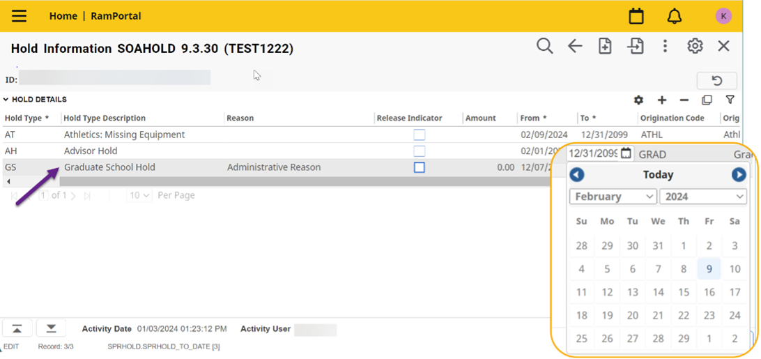 Fig. 3 - Remove a hold calendar highlighted