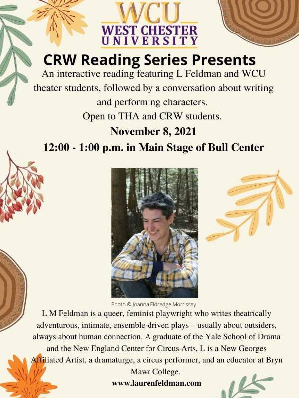 Flyer for Feldman's reading, 11/8 12 pm Bull Center stage
