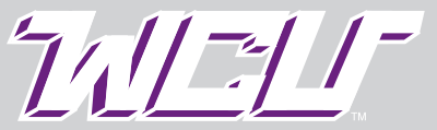 WCU Cipher Logo: White with Purple Outline on Gray