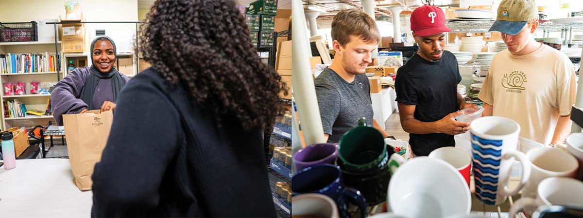                    LEFT PHOTO Sakinah Bibi, a master of social work                   student at WCU’s Philadelphia location, is a Community                   Engagement Scholar and coordinator for the                   Philadelphia site’s Resource Pantry.                    RIGHT PHOTO (L-R) Friars Nathan Barker, Isaiah                   Richardson, Levi Lewis are some of the students who                   assist at the Community Warehouse Project.