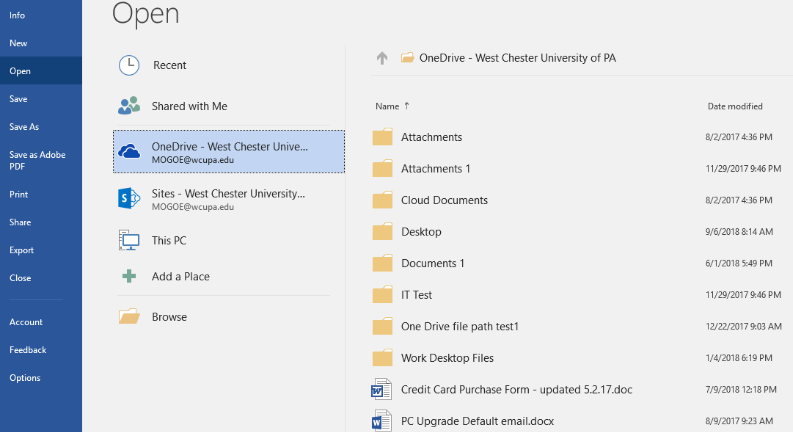 Example of Access to WCU OneDrive Data through O365