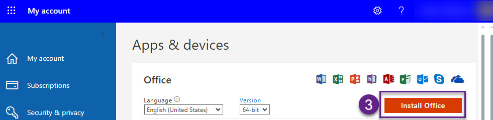 screenshot of O365 page with number 3 next to the Install Office button