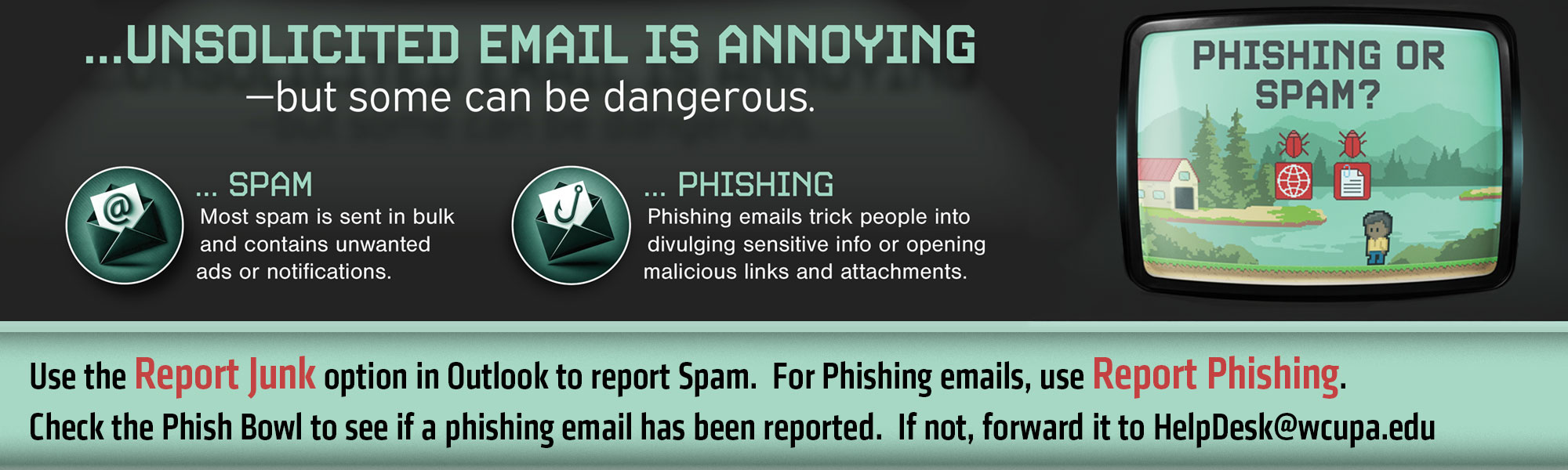 Cybersecurity awareness banner explaining the difference between spam and phishing emails and how to report them.