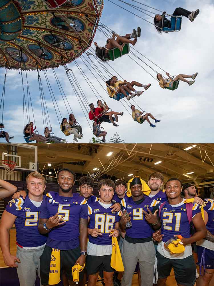Top picutre - students on swings at carnival, bottom picture - wcu football players hanging out together off the field