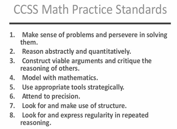CCSS Math Practice Standards; 1. Make sense of problems and persevere in solving them. 2. Reason abstractly and quantitatively. 3. Construct viable arguments and critique the reasoning of others. 4. Model with mathematics. 5. Use appropriate tools strategically. 6. Attend to precision. 7. look for and make use of structure. 8. Look for an express regularity in repeated reasoning. 