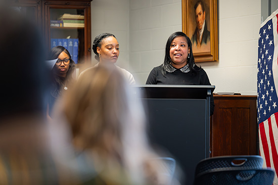 Candid photo from the Frederick Douglass day event. Speaker at podium.